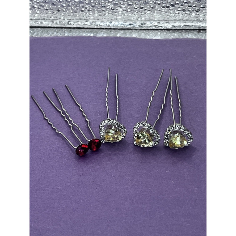 Lovely Vtg Rhinestone Hair Pins Fork Stick LOT of 5 Multi Color Arts Heart
